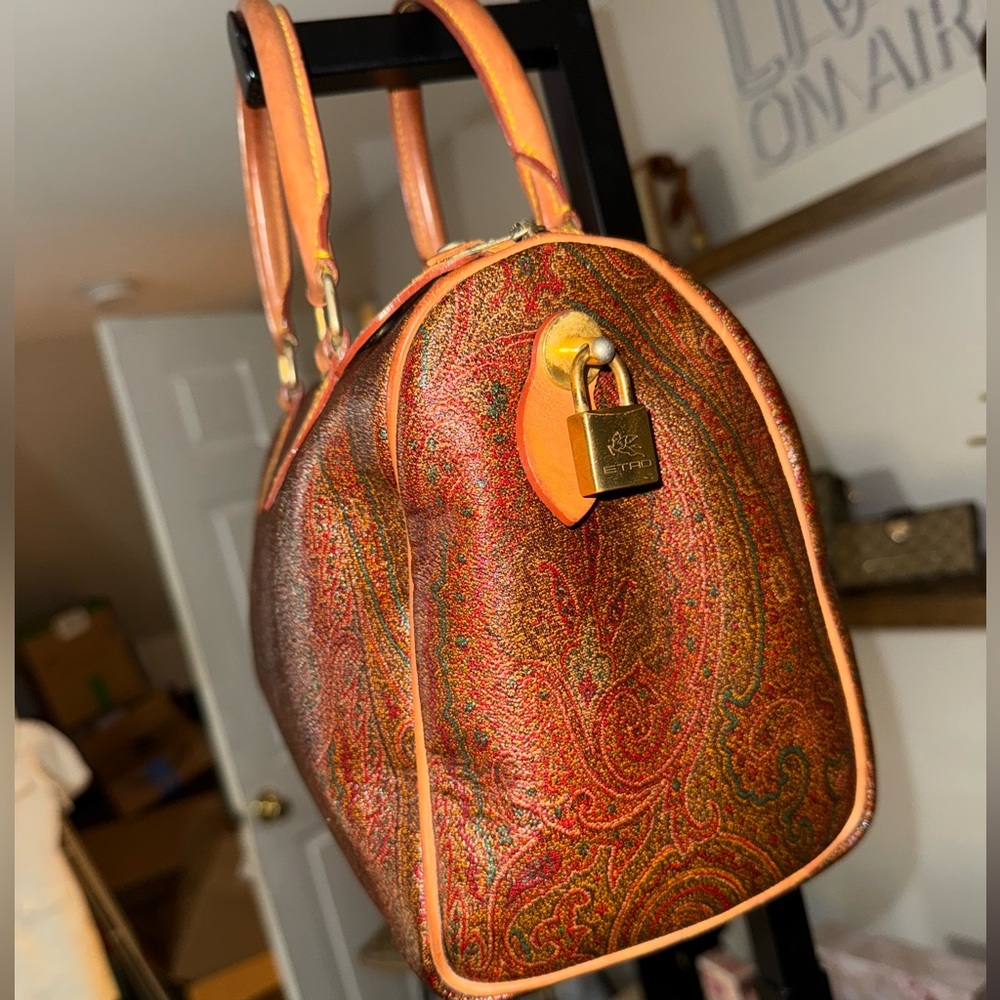 ETRO Milano Paisley Boston Bag Brown Leather Speedy Satchel Made in Italy - Picture 9 of 10